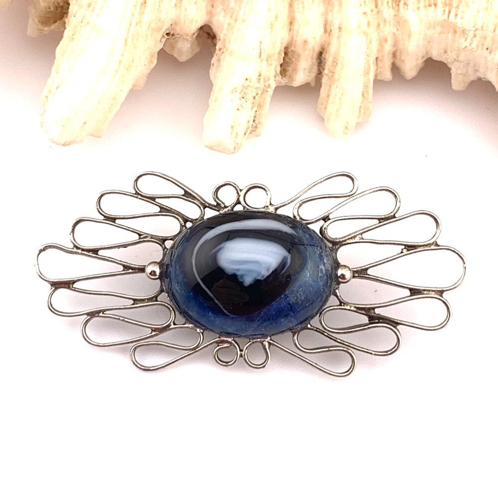 Blue Art Glass Silver Color Swirled Artsy Brooch Vtg C Clasp J473